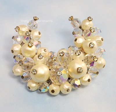 Vintage Wired AB Crystal and Faux Pearl Crescent Brooch