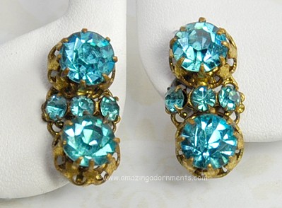 Vintage Gilded Brass and Rhinestone Earrings Signed CZECHOSLOVAKIA