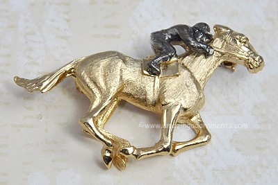 Gorgeous Jockey Riding Horse Figural Pin Signed NAPIER