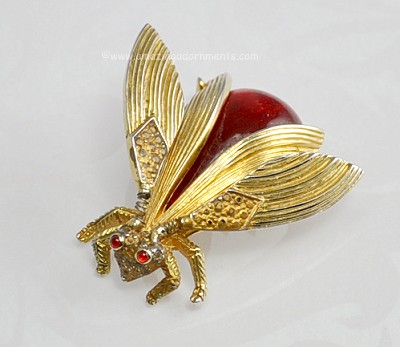 Exclusive Large Insect Bug Pin with Trembling Wings and Red Glass Belly Signed NETTIE ROSENSTEIN
