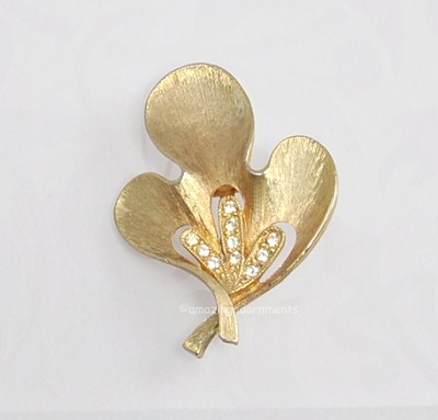 Signed JJ Stylized Clover Brooch with Rhinestones