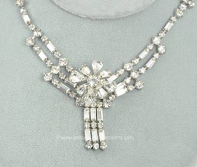 Stunning Vintage Clear Rhinestone Necklace with Floral Centerpiece