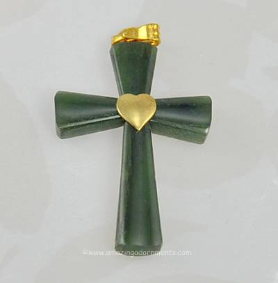 Divine Unsigned Heart Topped Jade Cross Pendant