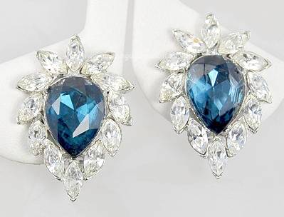 Hypnotic Vintage Signed DONALD STANNARD Sapphire and Clear Rhinestone Earrings