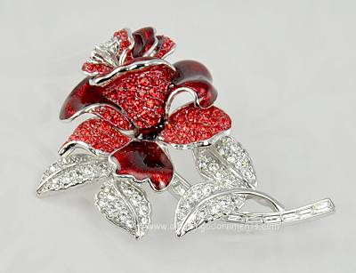 Spectacular Red and Clear Rhinestone Floral Brooch Signed NOLAN MILLER