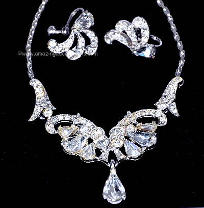 Untouchable Vintage Edwardian Revival Clear Rhinestone Demi- parure Signed BOGOFF