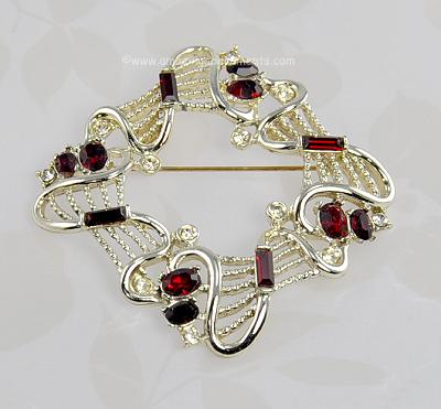 Gorgeous Vintage Ruby Red and Clear Rhinestone Brooch Signed BOGOFF