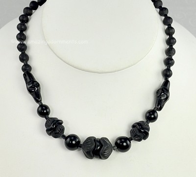 Vintage German Black Glass Elaborate Bead Necklace Marked DRGM