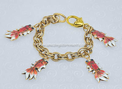 Playful Unsigned Enamel Fish Charm Bracelet