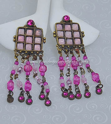 Gorgeous Pink Glass Earrings Signed FRANCK HERVAL Made In France