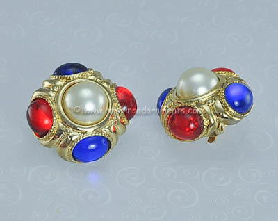 Lavish Unsigned Etruscan Style Patriotic Colored Earrings