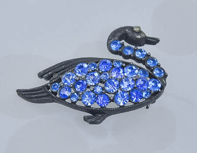 Vintage Signed WEISS Blue Rhinestone Swan Figural Pin
