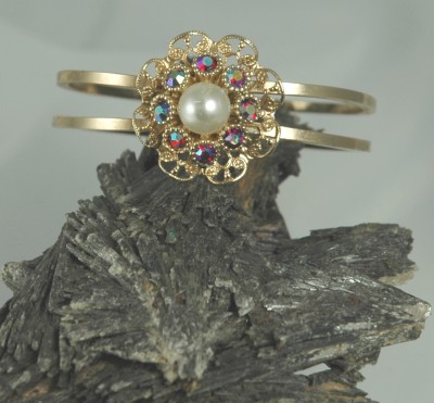 Aurora Borealis and Faux Pearl Vintage Clamper Bracelet