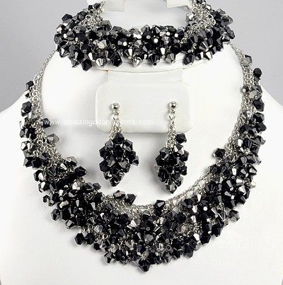 Contemporary Cascading Black Crystal Bib Necklace, Earring and Bracelet Set Signed CHINA