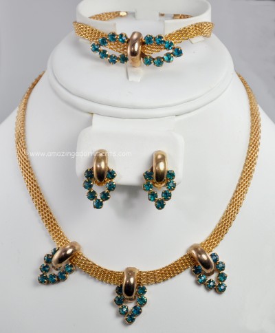Vintage Mesh Necklace, Bracelet and Earring Set with Aqua Rhinestones