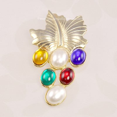 Fantastic Vintage Leaf Brooch with Glass Cabochons and Faux Pearls