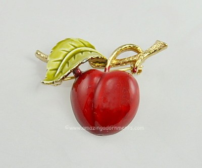 Vintage Red and Green Enamel Cherry Fruit Figural Pin