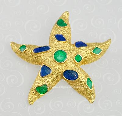 Meticulous Vintage Starfish Brooch with Enamel Signed FLORENZA