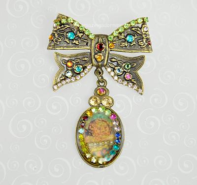 Elaborate Signed MICHAL NEGRIN Swarovski Crystal Bow Brooch with Painted Fob