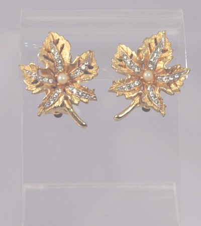BELLINI Brushed Maple Leaf Ear Clips with Rhinestones and Faux Pearl