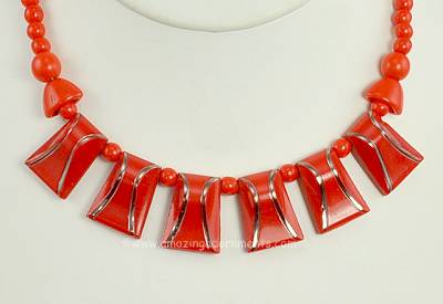 Vintage French Art Deco Machine Age Red Galalith Necklace Stamped DEPOS