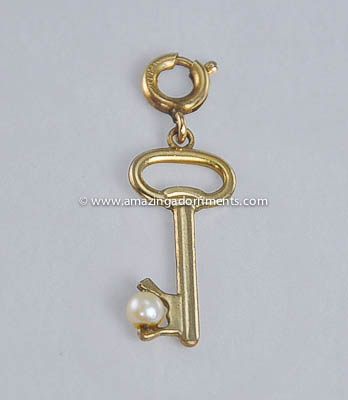 Vintage 12k Gold Filled Skeleton Key Charm with Pearl Accent