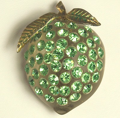 Vintage FORBIDDEN FRUIT Lucite Lime Rhinestone Brooch