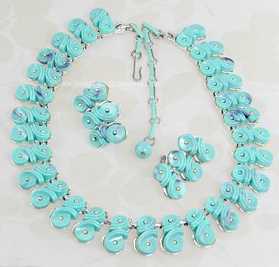 Striking Vintage Aqua Thermoplastic Necklace and Earring Set Signed CORO