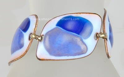 Vintage Signed Modernist KAY DENNING Blue and White Enamel on Copper Bracelet