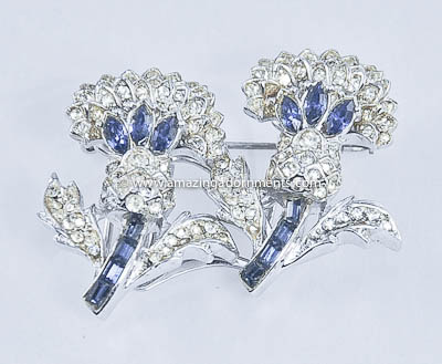 Vintage Signed CORO Blue and White Rhinestone Thistles Floral Duette