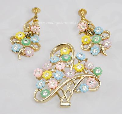 Enchanting Vintage Colored Flowers and Rhinestone Flower Basket Pin and Earrings Signed KRAMER