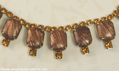 Vintage Rhinestone Necklace with Lozenge Shaped Art Glass Stones