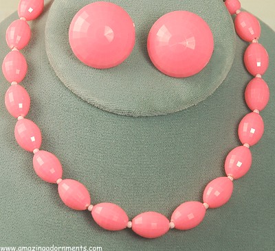 Rare Signed DALSHEIM Pink Faceted Plastic Beaded Necklace and Earring Set