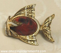 Signed SPAIN Damascene Fish Pin with Red Stone Body