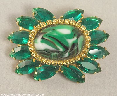 Vintage Emerald Green Rhinestone and Art Stone Brooch D&E?