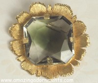 Tantalizing Brushed Gold- tone Floral Brooch with Colossal Glass Stone Signed EMMONS