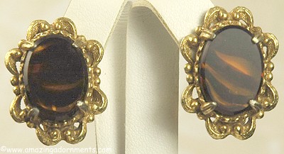 Impressive Vintage Signed FLORENZA Tiger's Eye Earrings