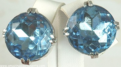 Flashy Faceted Sapphire Blue Glass Earrings Signed CARNEGIE