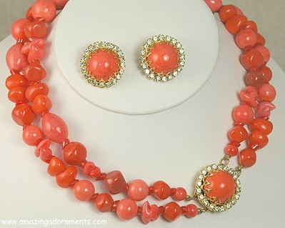 Notable HATTIE CARNEGIE Coral Colored Bead and Rhinestone Set