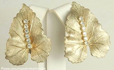 Signed JUDY LEE Brushed Gold- tone and Rhinestone Leaf Earrings