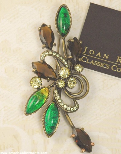 Classy Rhinestone Floral Spray Brooch Signed JOAN RIVERS ~ New in Box