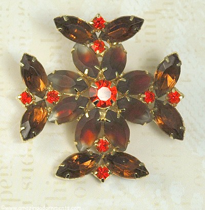 Captivating Vintage Rhinestone and Givre Glass Maltese Cross Brooch