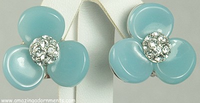 NOLAN MILLER Blue Thermoplastic Flower or Clover Earrings with Rhinestones