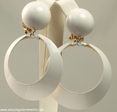 Funky Large White Enamel Hoop Dangle Earrings Signed ROBERT