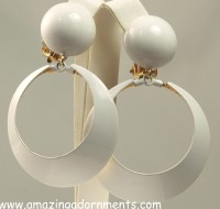 Funky Large White Enamel Hoop Dangle Earrings Signed ROBERT