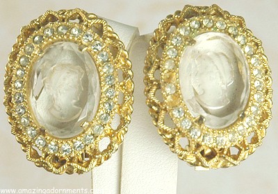 Effortlessly Beautiful Rhinestone Framed Intaglio Earrings Signed PARK LANE