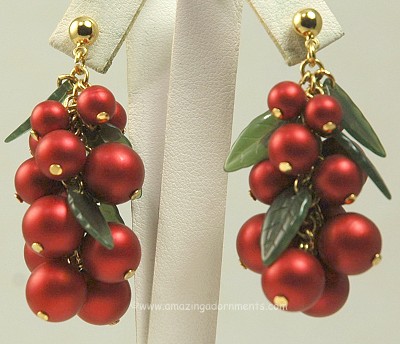 Sassy Red Dangling Berry Earrings with Green Plastic Leaves for Pierced Ears