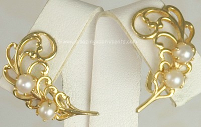 Refined Vintage Gold- tone and Faux Pearl Earrings Signed STAR
