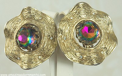 Rare ca. 1950s Ear Clips with Dazzling Watermelon Rhinestone Signed ANN VIEN