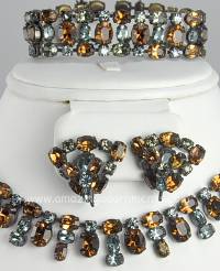 Luxurious Vintage Blue and Copper Rhinestone Three Piece Parure Signed SCHREINER